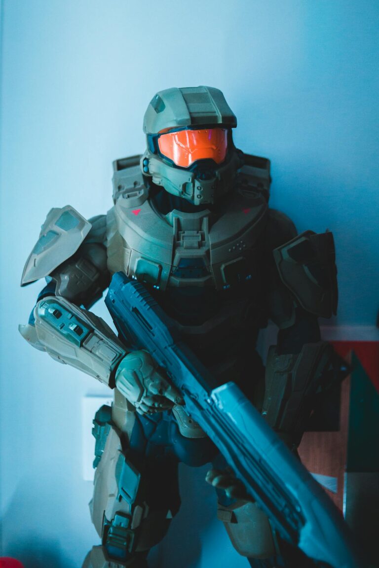 Detailed action figure in futuristic combat armor with a weapon.